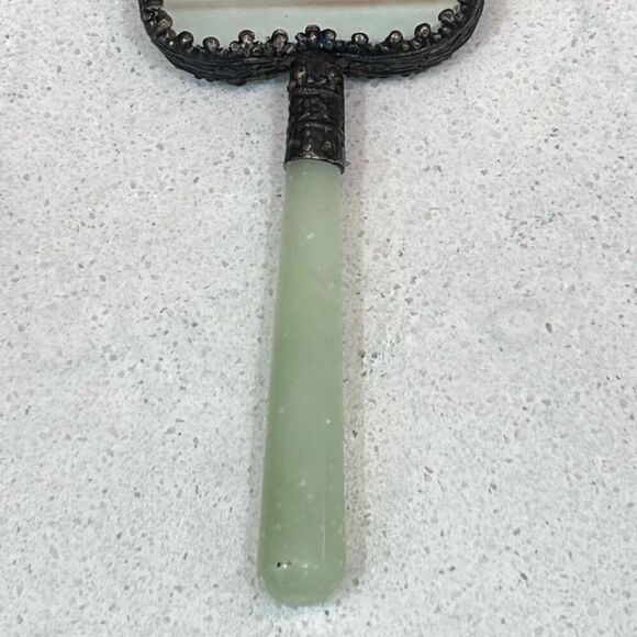 Vtg Chinese Hand Mirror Rounded Corner Squircle W/ Jade Handle & Porcelain Back - Picture 14 of 15